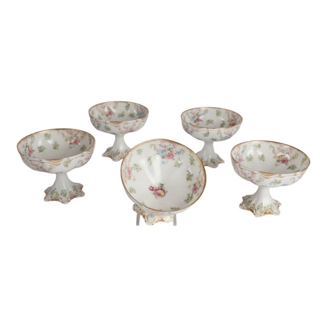 Early 20th Century Haviland Limoges France Hand-Painted Floral Footed Sherbet Dessert Cups - Set of 5 For Sale