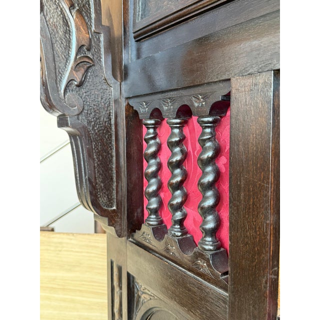 19th Large Carved Spanish Solid Walnut Coat Rack Stand with Red Damask Back For Sale - Image 12 of 18