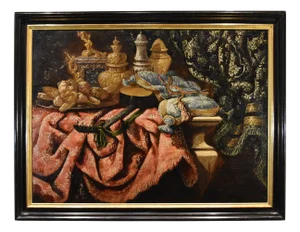 Antonio Tibaldi, Still Life with Rug, 1660, Oil on Canvas, Framed