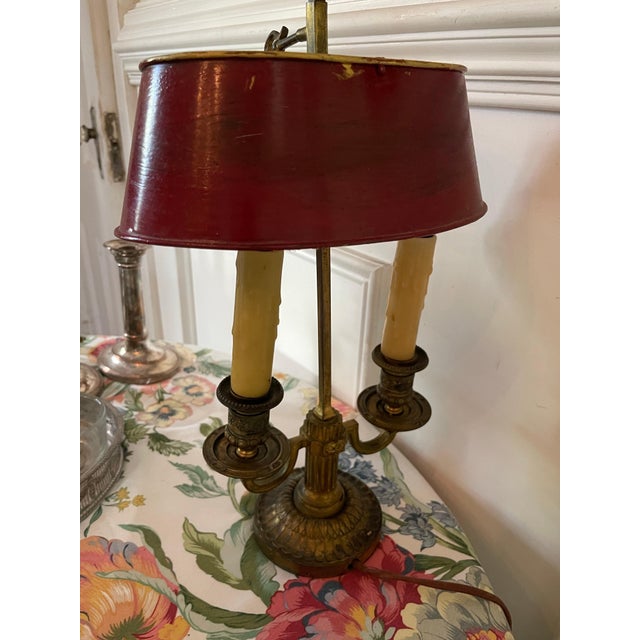 Brass and Tole Electrified Bouillotte Lamp with a Red Shade, 19th Century For Sale - Image 4 of 6
