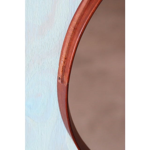 1950s Danish Mid Century Modern Round Solid Teak Mirror With Leather Strap 31" For Sale - Image 4 of 7