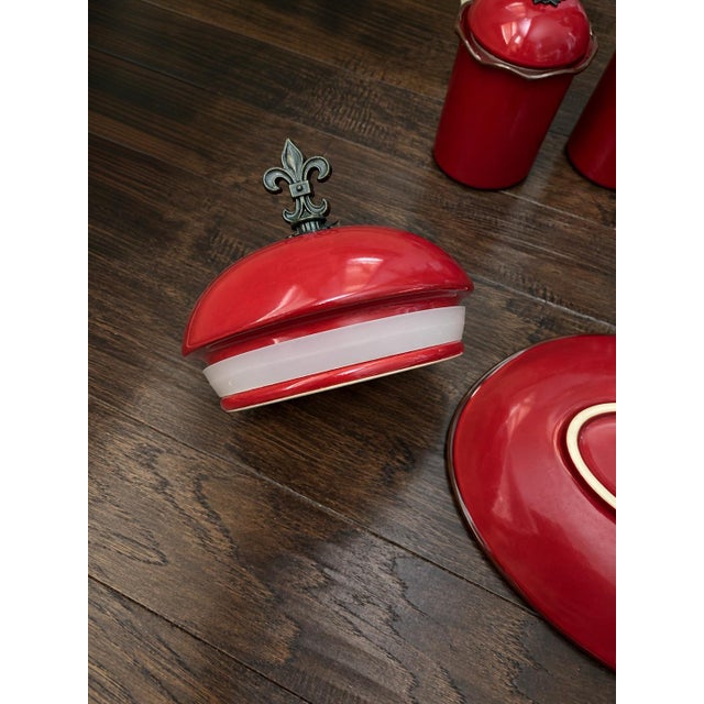 Ceramic Southern Living “Cinnabar” Red Ceramic Canister Set & Oval Platter – 4 Pieces For Sale - Image 7 of 12