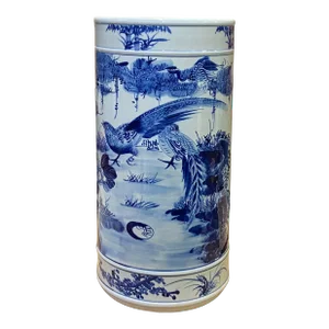 Chinese Blue White Porcelain Flower Birds Graphic Column Vase Holder