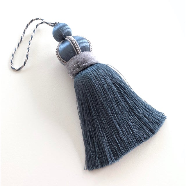 Pair of Smoky Blue Key Tassels With Satin & Cut Velvet Details For Sale - Image 11 of 13