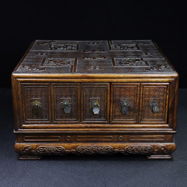 Chinese Vintage Chinese Huali Rosewood Treasure Box | Carved Bat & Swastika Motif Chest For Sale - Image 3 of 9