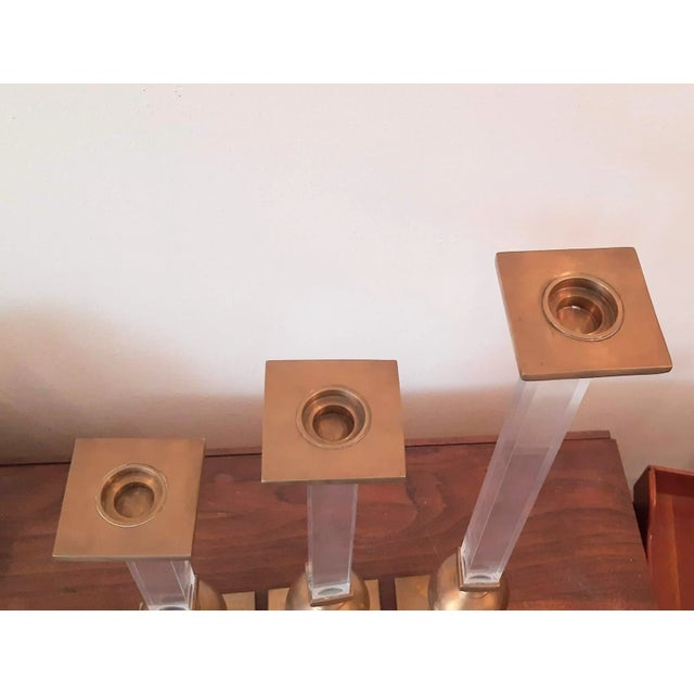 Metal Vintage Xl Brass and Lucite Candlesticks Set 3 Candle Holders For Sale - Image 7 of 13