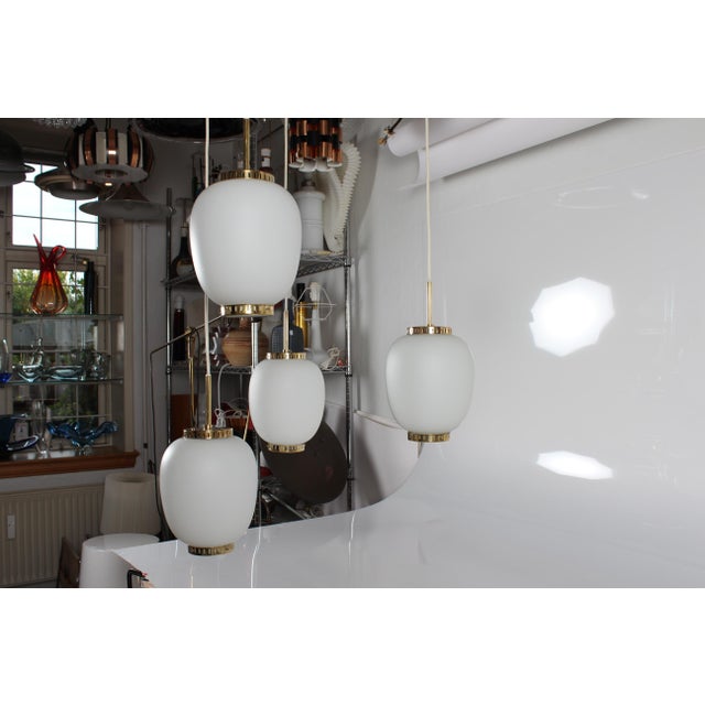 Opaline Glass and Brass Pendant Lamp by Bent Karlby for Lyfa, 1960s, Set of 4 For Sale - Image 6 of 11