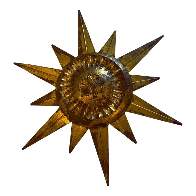 Oliver Messel, 1960s Vintage Gilt Metal Flush Mount Sunburst Light With Matching Ceiling Rose For Sale