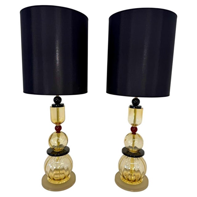 Italian Amber, Burgundy and Black Murano Glass Table Lamps, 2000s, Set of 2 For Sale - Image 14 of 14