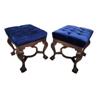Antique Mahogany Chippendale Tufted Ottomans Newly Upholstered in Velvet - Pair For Sale