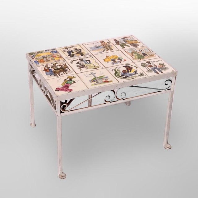 1930s Antique Arts & Crafts Spanish Wrought Iron & Tile Top Table, Genre Scenes, 1930 For Sale - Image 5 of 18
