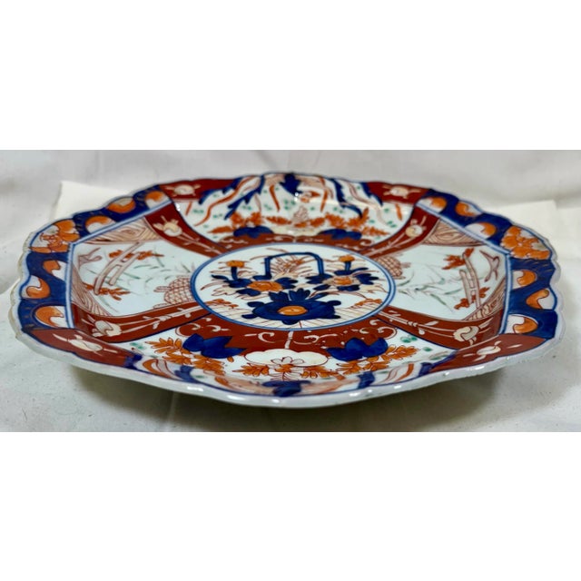 Large Antique Octagonal Scalloped Edge Porcelain Imari Plate Decorated With Vibrant Orange & Red Floral Patterns For Sale In Dallas - Image 6 of 10