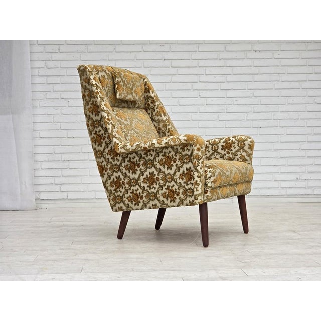 1970s Danish Highback Armchair in Brown/Beige Furniture Fabric and Teak Wood, 1970s For Sale - Image 5 of 17