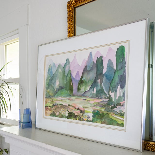 Abstract Fauvist Watercolor Landscape Painting Titled China Pink For Sale - Image 4 of 10