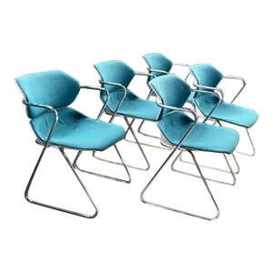 1970s Mid Century "Acton Stacker" Turquoise Textile, Chrome Chairs - Set of 5