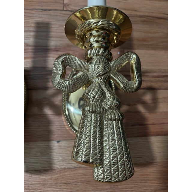 Vintage Lou Campbell Hollywood Regency Brass Bow & Tassel Wall Sconces | French Neoclassical Lighting, a Pair For Sale - Image 9 of 12