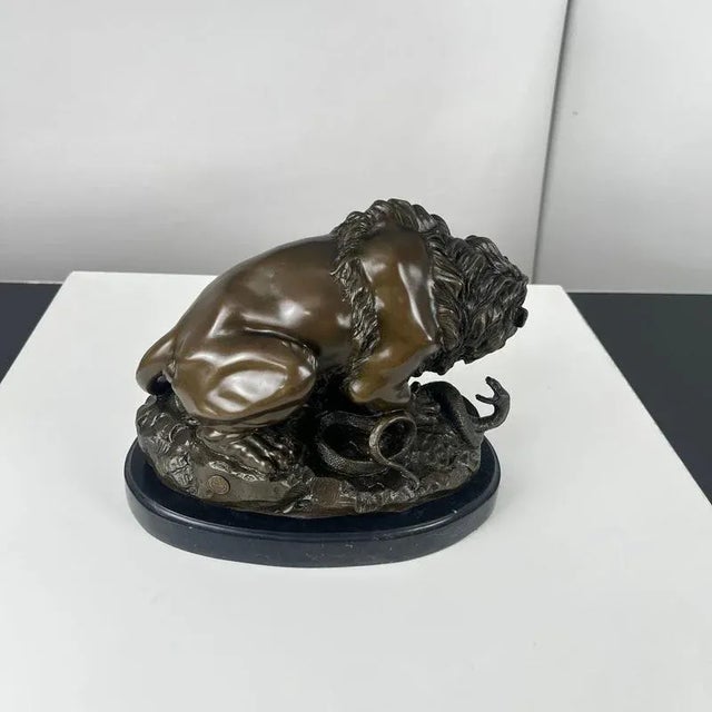 Black After A. Barye, Lion with Snake, 20th Century, Bronze For Sale - Image 8 of 17