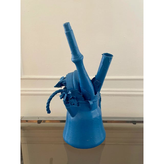 Vintage Folk Art Painted Blue Assemblage Artist Piece Kettle For Sale In New York - Image 6 of 6