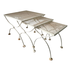 Vintage Wrought Iron Nesting Tables Attributed to Russell Woodard, Set of Three Mid Century Outdoor Garden Decor