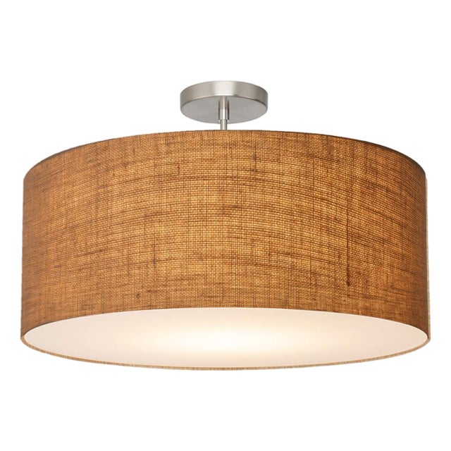 Stretch Semi Flush Mount, Burlap Shade, Satin Nickel For Sale