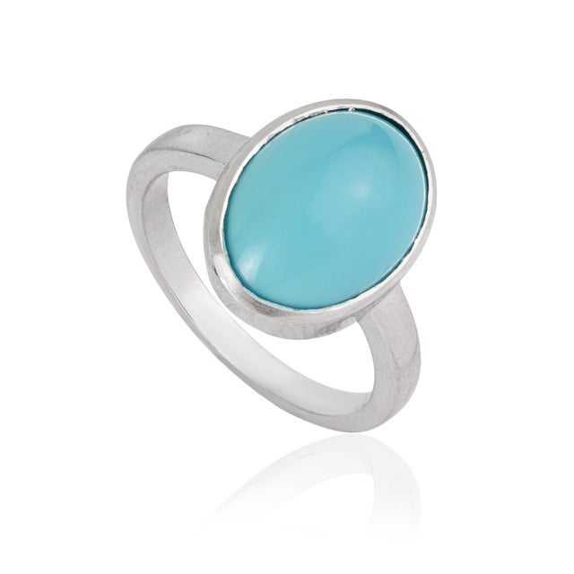 Contemporary Minimalist 4.7 Ct Oval Turquoise Bezel Set Solitaire Ring in 925 Sterling Silver Size 6.5 For Sale - Image 3 of 15