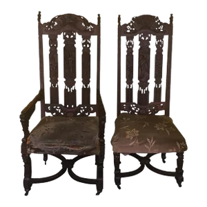 1910s Carved Pair of Chinese Chippendale Figural Chairs