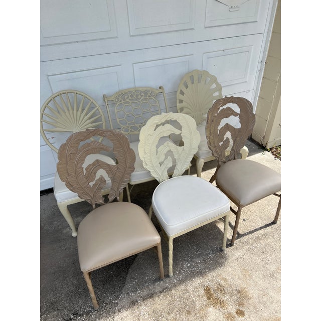Hollywood regency style aluminum cast chairs 6 sets, different styles. Banana Leaf motif, shell motif, palm motif and rope...