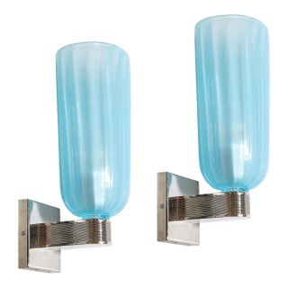 Pair of Modernist Hand-Blown Murano Arctic Blue Fluted Glass Sconces & Nickel For Sale