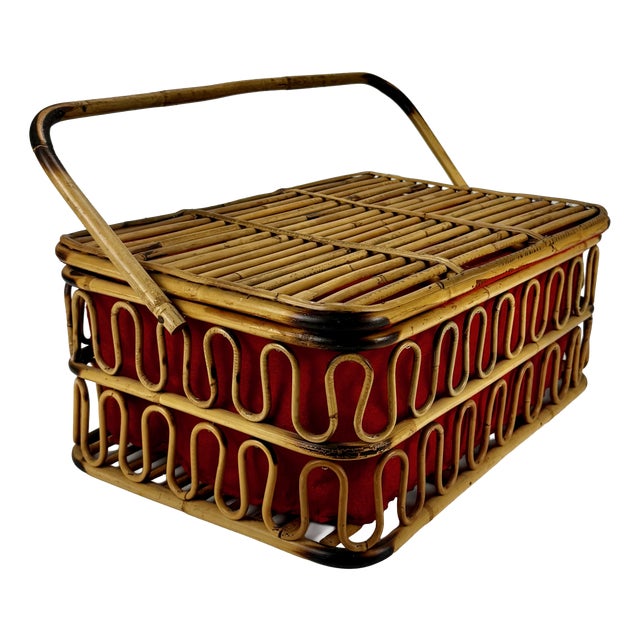 Mid-Century Bamboo and Red Wool Picnic Basket, Italy, 1960s For Sale