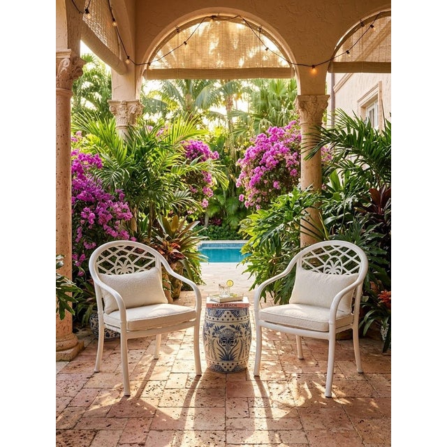 Metal Vintage Palm Beach Regency White Aluminum & Vinyl Strap Armchairs For Sale - Image 7 of 12