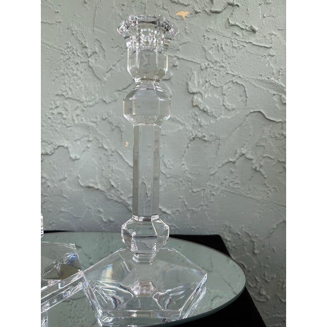 Val Saint-Lambert Vintage Val St. Lambert Gardenia Crystal Candlesticks, Pair – Belgian Geometric Art Deco Style For Sale - Image 4 of 11