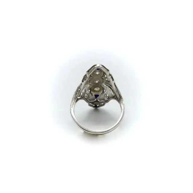 Art Deco 18K White Gold Diamond and Sapphire Ring Size 7.75 For Sale - Image 4 of 7