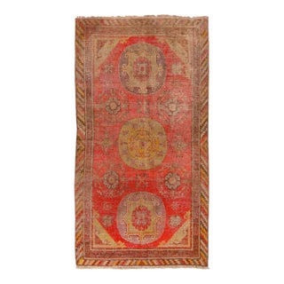 Antique Khotan Traditional Red and Yellow Wool Rug With Medallion Style For Sale