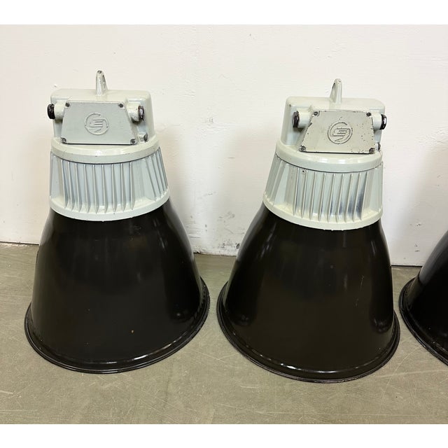 Industrial Black Enamel Pendant Lamps from Elektrosvit, 1970s, Set of 4 For Sale - Image 9 of 16