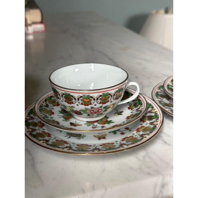 Rare Vintage Jingdezhen Famille Rose "Pineapple & Butterfly" Porcelain Teacup Trio Set - 6 Pieces For Sale - Image 4 of 12