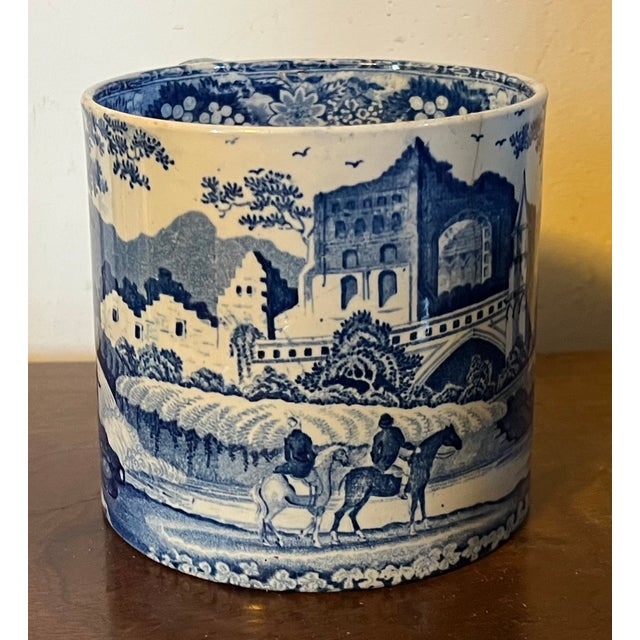 Antique Early 19th Century English George III Staffordshire Pearlware Blue & White Pottery Porter's Tankard Mug Circa 1820 For Sale - Image 4 of 14