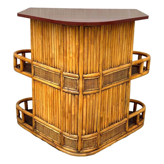 Restored Mid-Century Sailboat Ships Bow Shaped Stacked Rattan Dry Bar For Sale