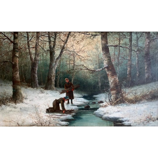 A framed oil on canvas titled "Winter's Task" by listed artist Henry A. Duessel (1858-1919). The scene depicts a richly...