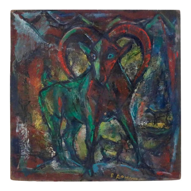 1955 Vintage E. Romano "Mountain Goat" Oil on Artist Board Painting For Sale