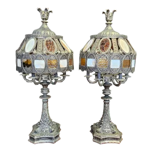 1960's Morroccan Inspired Stained Glass Table Lamps a Pair
