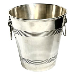French Art Deco Silver Plate Champagne Bucket – L’Orfèvrerie Lion Head Ring Handles, Early 20th Century For Sale