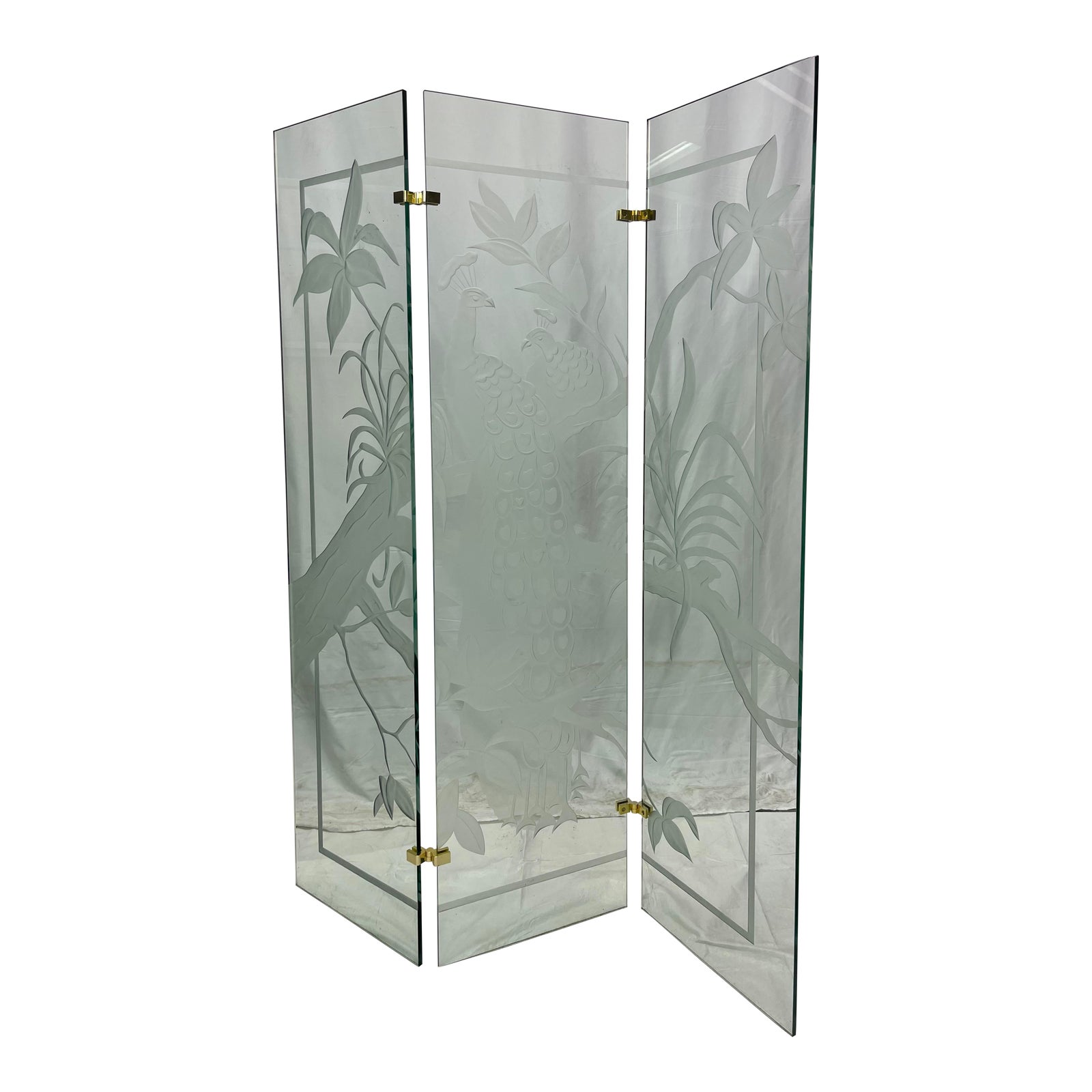 Vintage Contemporary Hollywood Regency Etched Glass Peacock Room