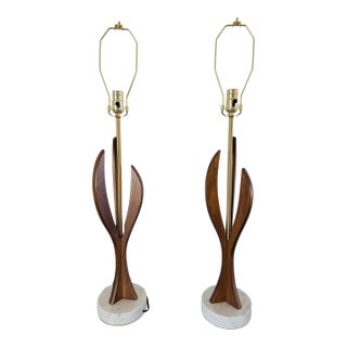 Pair of Mid-Century Modern Walnut and Marble Brass Lamps, Circa 1950s For Sale
