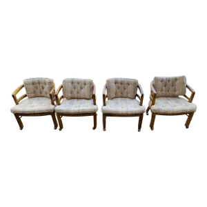 1960s Mid Century Modern Wood Dining Chairs on Casters - Set of 4
