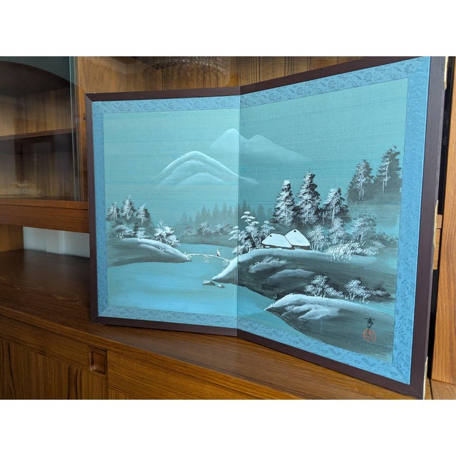 Blue 1970s Vintage Japanese 2-Panel Desktop Byōbu Folding Screen Signed Seihō - Winter Landscape For Sale - Image 8 of 12
