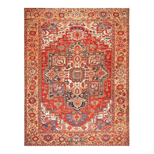 Gorgeous Red Rust Ground Color With Medallion Design Antique Persian Heriz Rug For Sale