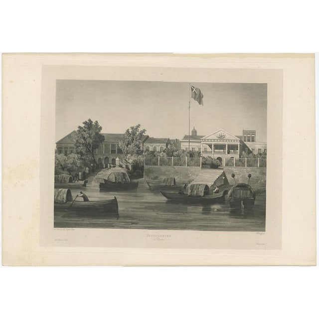 Antique print titled 'Factories in Canton'. This print (on India paper) depicts factories in Guangzhou, China. Originates...