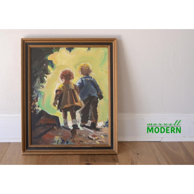 This vintage painting is based on American photojournalist W Eugene Smith's iconic photograph of his two children walking...