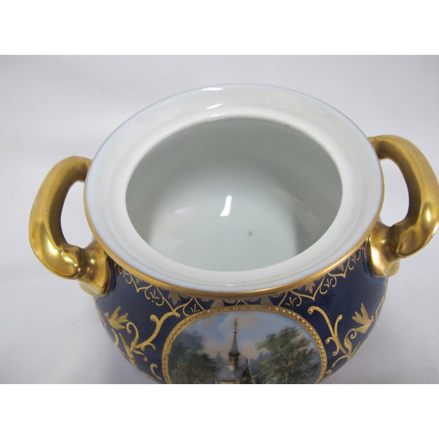 19th Century Art Nouveau Hermann Voigt Karlsbad 19thc Gilt Hand Painted Church Landscape Porcelain Sugar Bowl For Sale In Portland, OR - Image 6 of 14