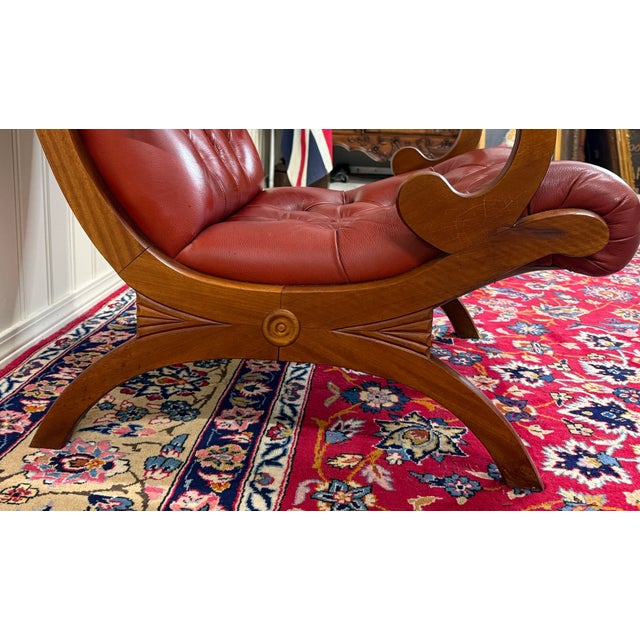 Vintage English Chesterfield Style Tufted Campeche Chair Ottoman Red Leather For Sale - Image 11 of 17